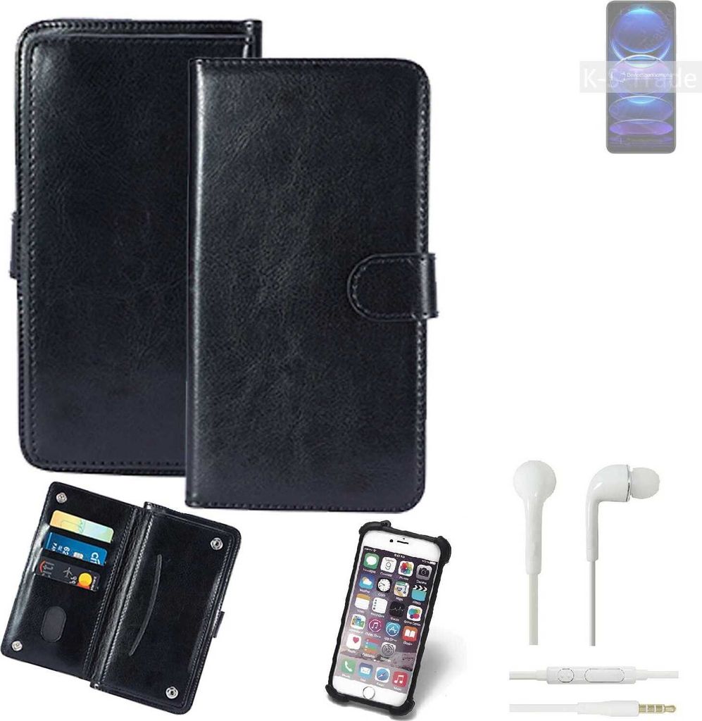 K-S-Trade 360° Hülle kompatibel mit Xiaomi Redmi Note 12 Pro inkl. Headphones schwarz Kunstleder Case BookCase WalletCase Kunstlederederhülle
