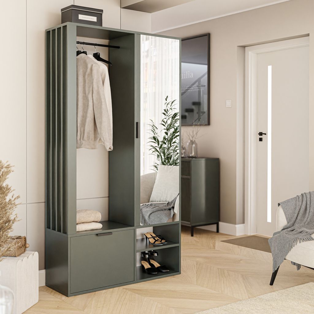 Garderobenschrank Milo mit Spiegel, mit Ablagen und Kleiderstange, Farbe: Greenstone