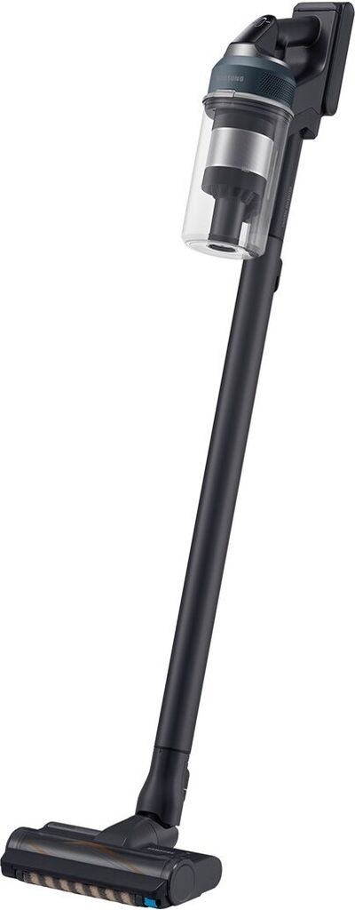 A black and blue stick vacuum cleaner is shown against a white background.