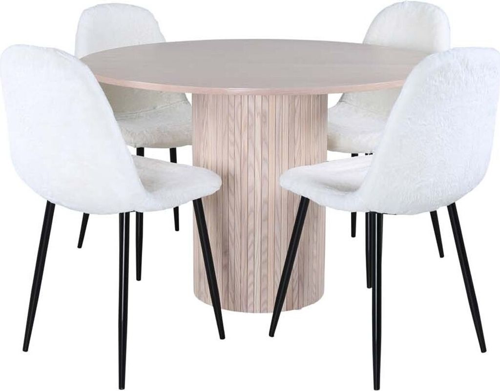 Bianca Essgruppe Tisch whitewash und 4 Polar Stühle weiß.