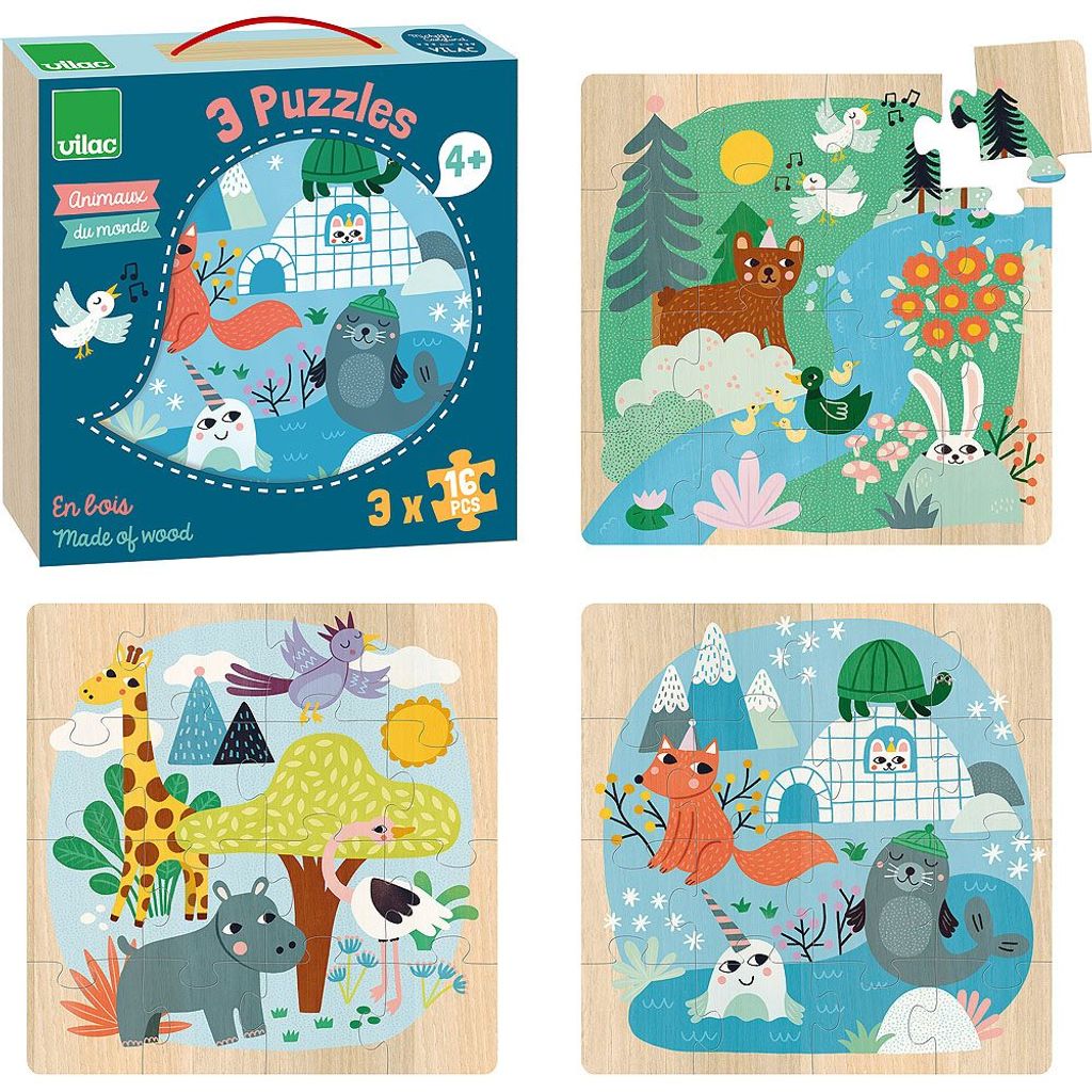 Vilac Holzpuzzles Tiere der Welt 3x16 Teile pädagogisches Spielzeug