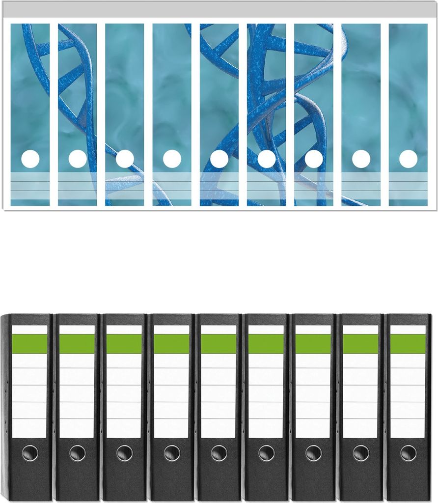 Wallario 9 Stück breite Ordner inkl. Klebeetiketten mit Motive DNA-Strang in blau auf türkisem Hintergrund - Set mit Rückenschildern / Ordnerrü...