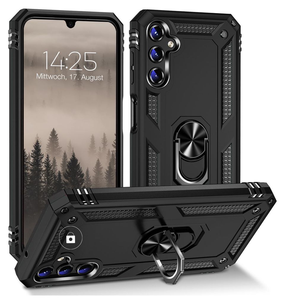 Multiple views of a black smartphone case with a ring holder.