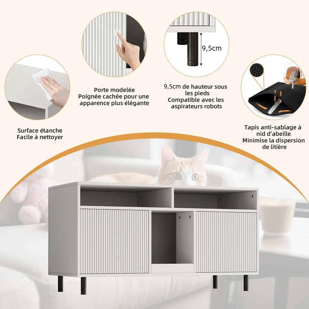 Meuble Anti-Odeur pour Litière Chat, Armoire Blanche avec Rangement - 5