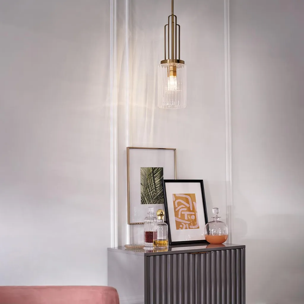 Elstead Kimrose Suspension E27 Laiton Naturel et Verre Strié Clair