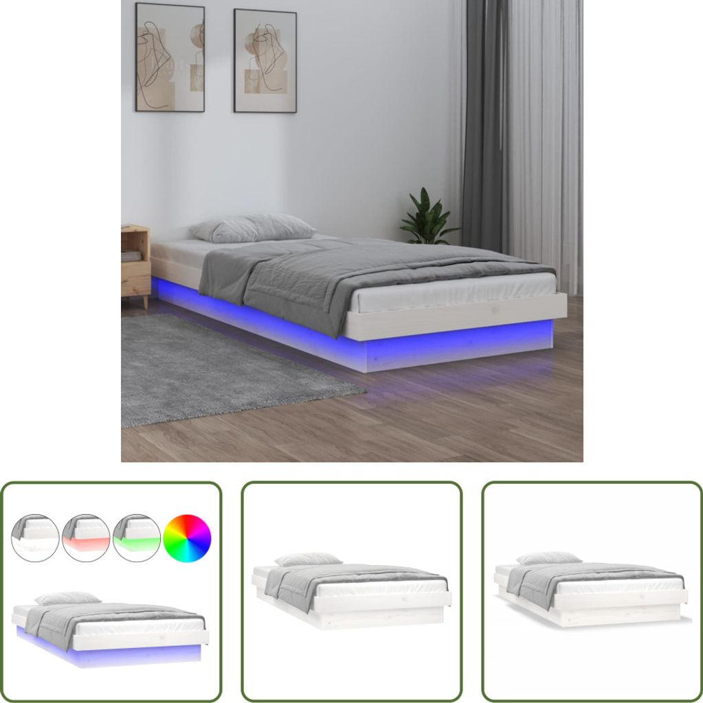 The Living Store Massivholzbett mit LEDs Weiß 75x190 cm