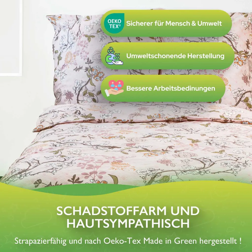 ETÉREA Renforcé biancheria da letto 155x220cm + 80x80cm - 100% cotone - copripiumino Mikko fiori di ciliegio naturalmente morbido - set biancheria da letto 155x220cm copripiumino + 80x80cm federa 2 pezzi - OEKOTEX - Rosa - 4