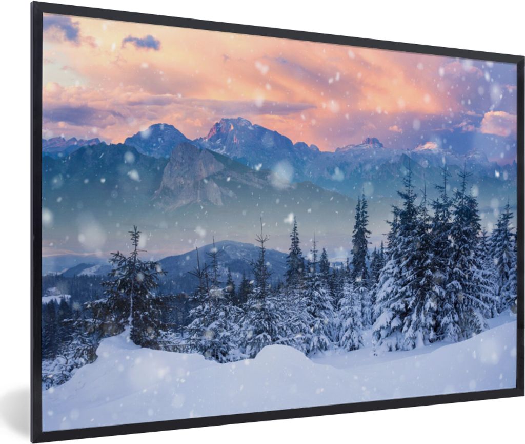 MuchoWow Gerahmtes Poster Schnee - Himmel - Wald - Winter 60x40 cm - Poster mit Schwarzem Bilderrahmen Wandposter Rahmen Foto Bilder - Printing -...