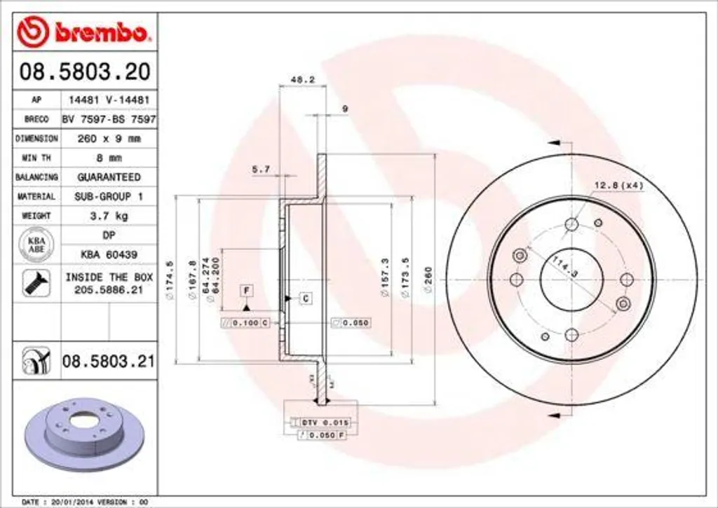 Disque de frein Brembo 08.5803.21 haute teneur en carbone Honda Accord
