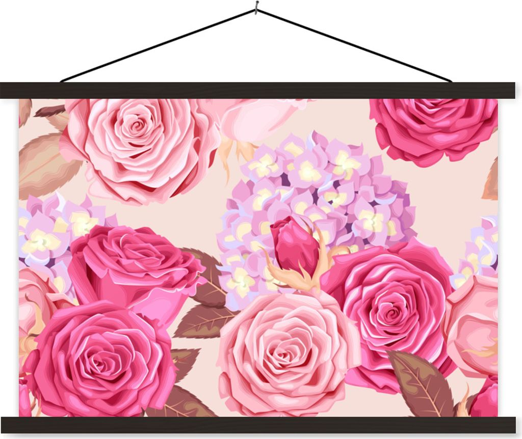 MuchoWow Textilposter Rosen - Hortensien - Blumen - Rosa 120x80 cm mit schwarzem Rahmen - Wanddeko