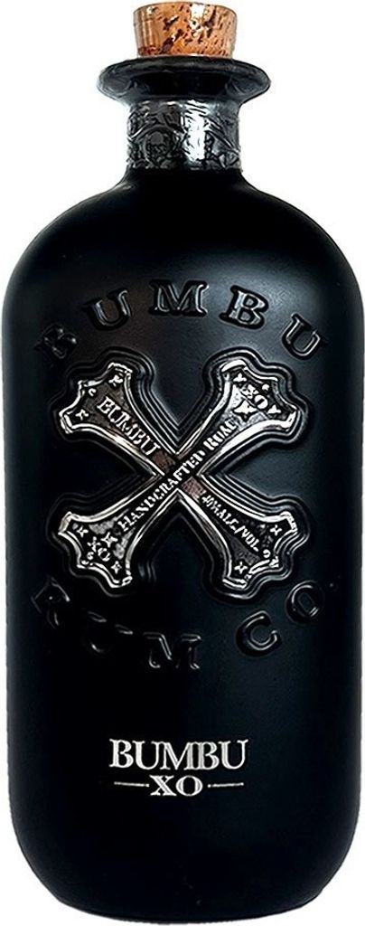 A black bottle of Bumbu Rum XO with a cork stopper.