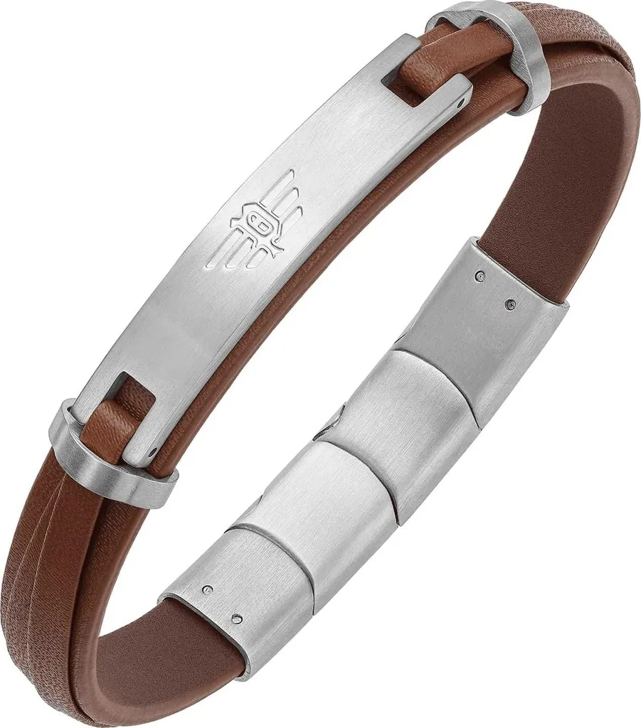Bracelet Homme en Cuir Véritable et Acier Inoxydable Police Looper