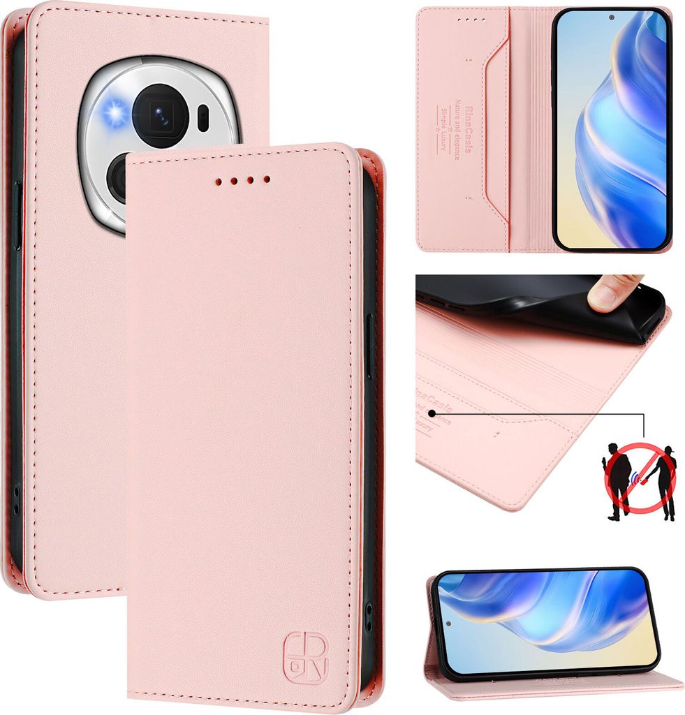 Lederhülle für Honor Magic6 Pro Hülle Flip Brieftasche Kartenfächern Ständer Schutzhülle Pink