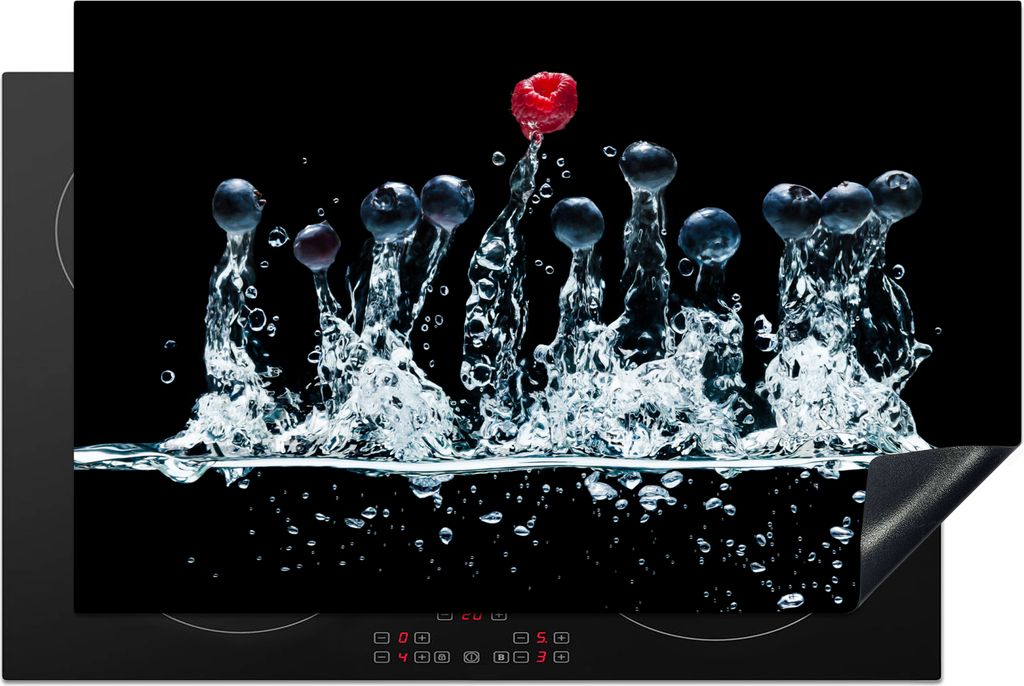 KitchenYeah Herdabdeckplatte Beeren - Wasser - Schwarz - Obst - Himbeere , 80x52cm, Küche Deko, Glaskeramikkochfeld Herdabdeckung, Abdeckplatte ...
