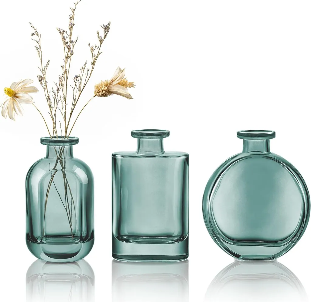 Set de 3 petits vases en verre bleu-vert pour fleurs et décoration de table