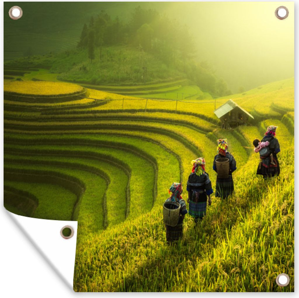 MuchoWow 50x50 cm Outdoor-Poster Gartendeko Sichtschutz Garten Poster für den Garten Landwirte auf Reisfeldern
