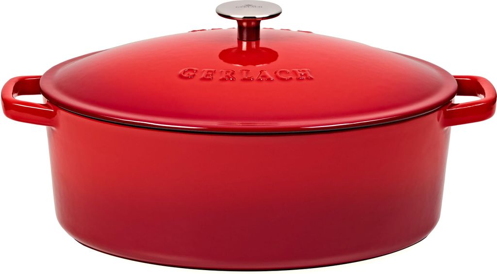 Gerlach Gusseisentopf mit Deckel. NATUR 31 cm 5,5 l oval rot