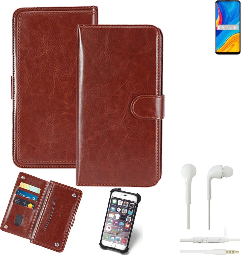 K-S-Trade 360° Hülle kompatibel mit Huawei Enjoy 10 inkl. Headphones braun Kunstleder Case BookCase WalletCase Kunstlederederhülle Handyhülle,