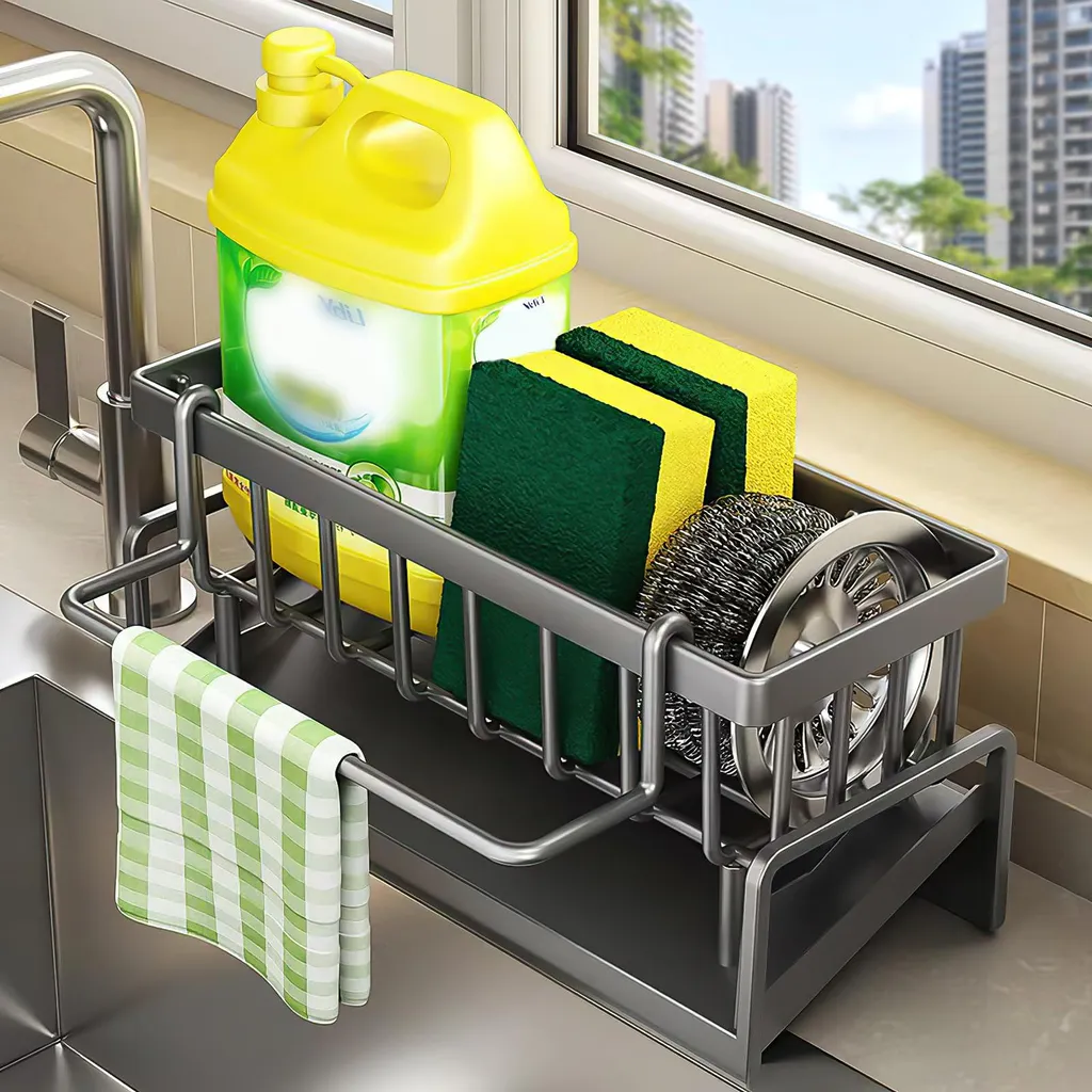 Rangement évier en acier inoxydable gris avec bac de drainage auto