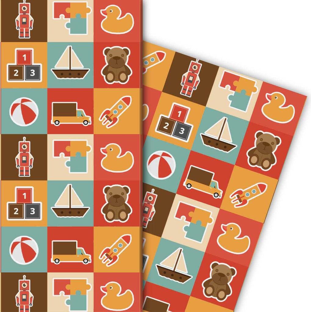 Designer Kinder Geschenkpapier mit Spielzeug, klein gemustert - G5140, 32 x 48cm