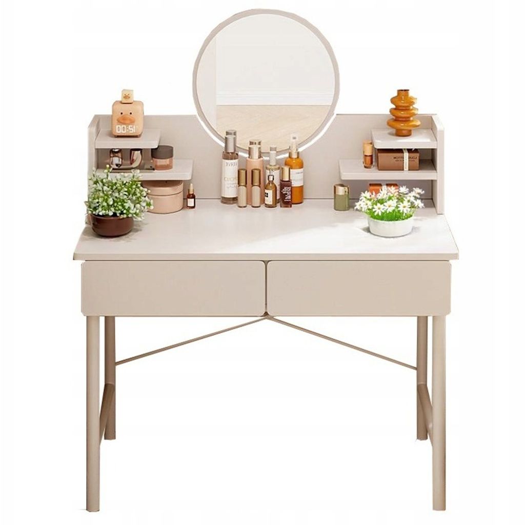 A vanity table with a mirror, drawers, shelves, and various cosmetic products.