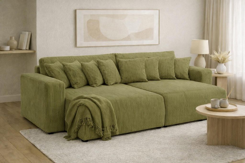 Kaiser Möbel Schlafsofa mit Bettkasten, Cordstoff Poso, Olive, PIANO DOUBLE