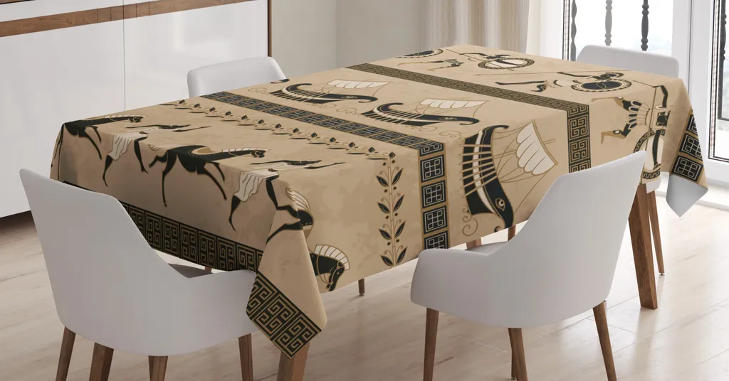 ABAKUHAUS Tovaglia Odyssey, Cavalli reali e guerrieri, Stampa personalizzata Colori vivaci senza scolorimento Lavabile per uso esterno, 140 x 200 cm, Ecru e multicolore