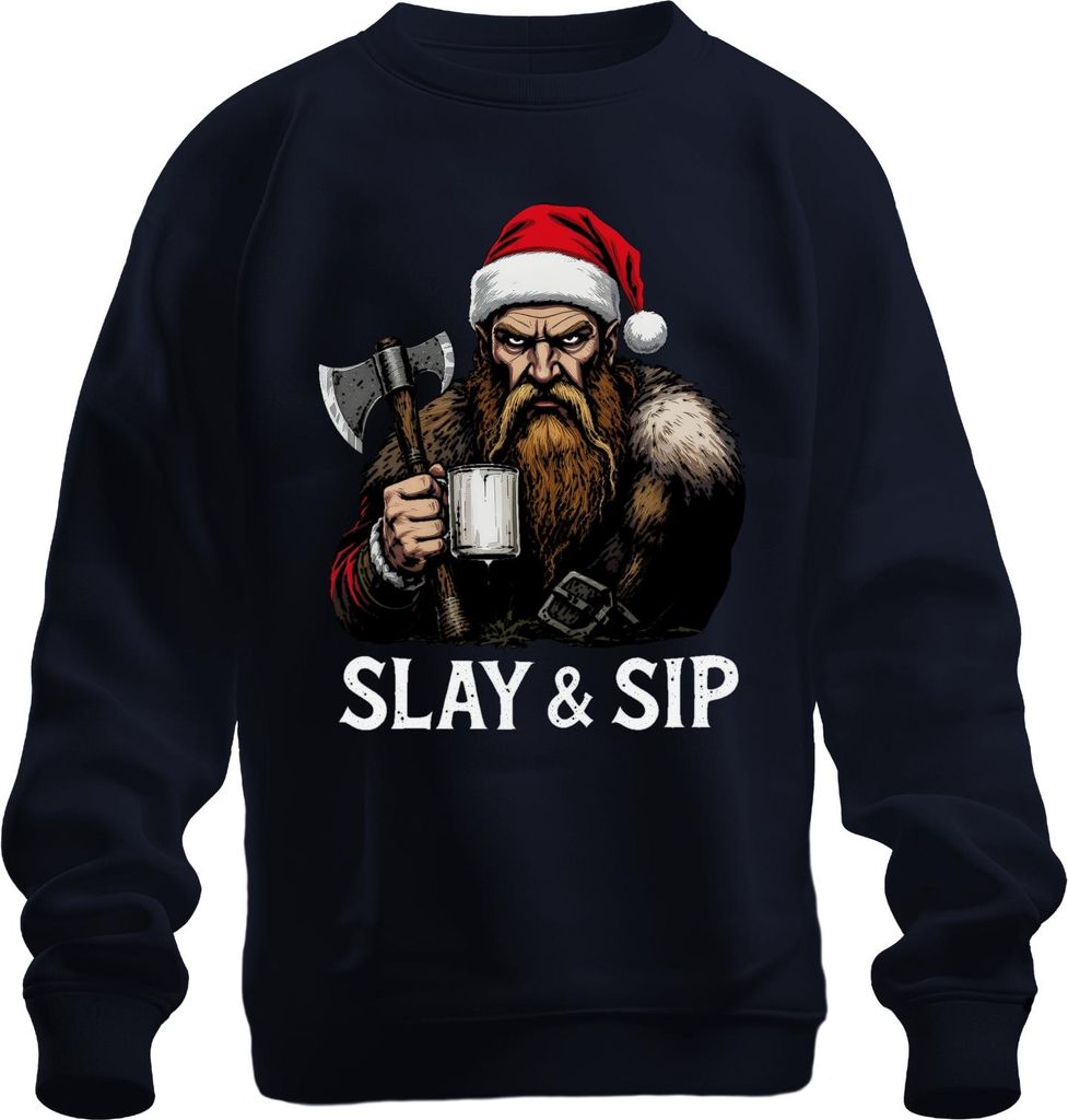 SLAY & SIP Wikinger Bart Axt Becher Geschenk lustig düster Retro Uni Sweatshirt Pullover, Navy, S
