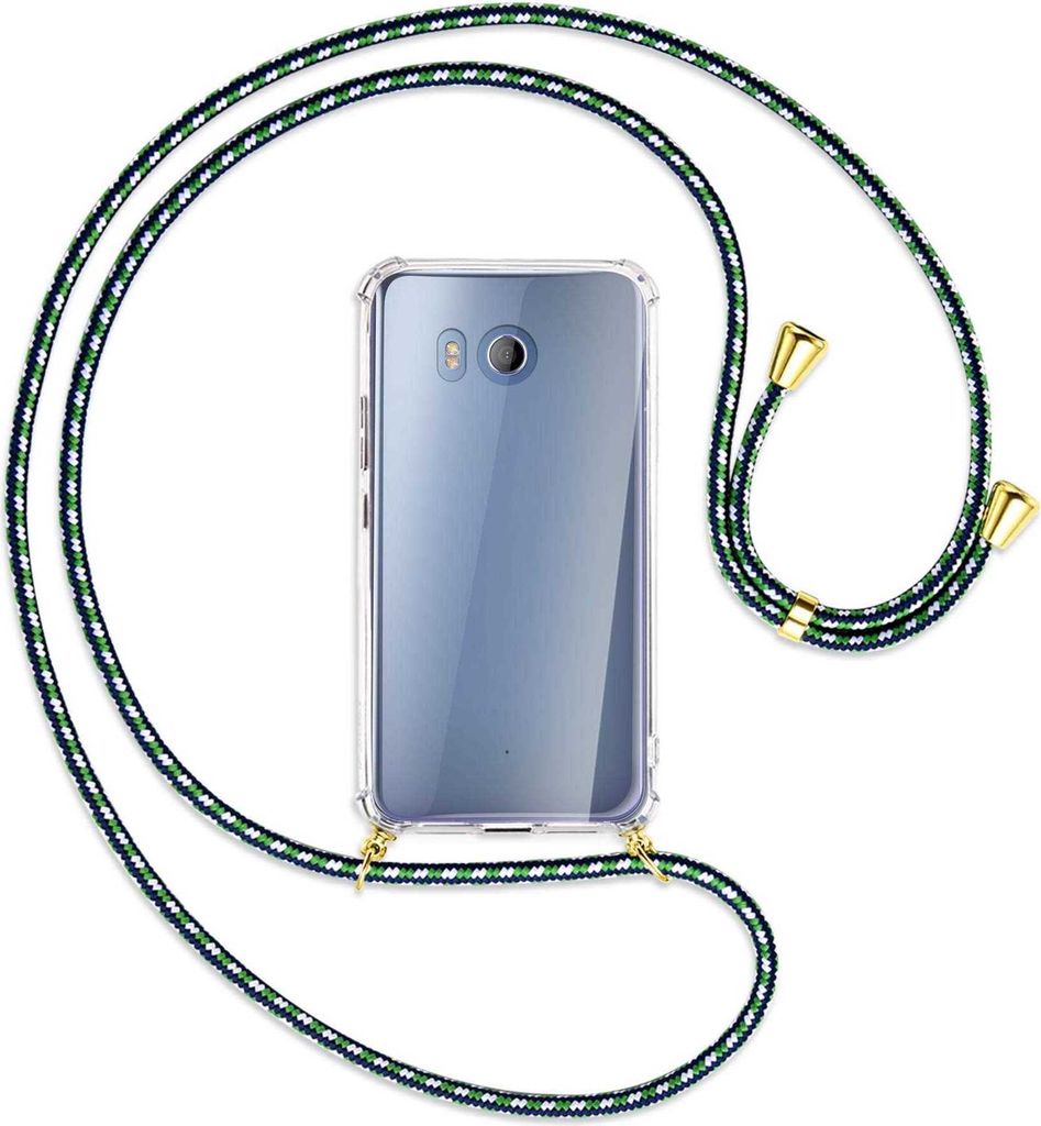 Handykette Backcover-Schutzhülle mit Band (Metall goldfarben) für HTC U11 - grün/blau/weiß