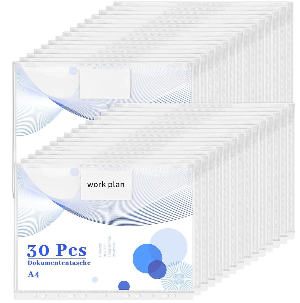 30 transparente Dokumentenmappen mit 11 Fächern, wasserdicht, mit Klettverschluss und Etikettentasche, A4-Format.
