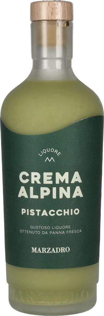 A bottle of Marzadro Crema Alpina Pistacchio liqueur.