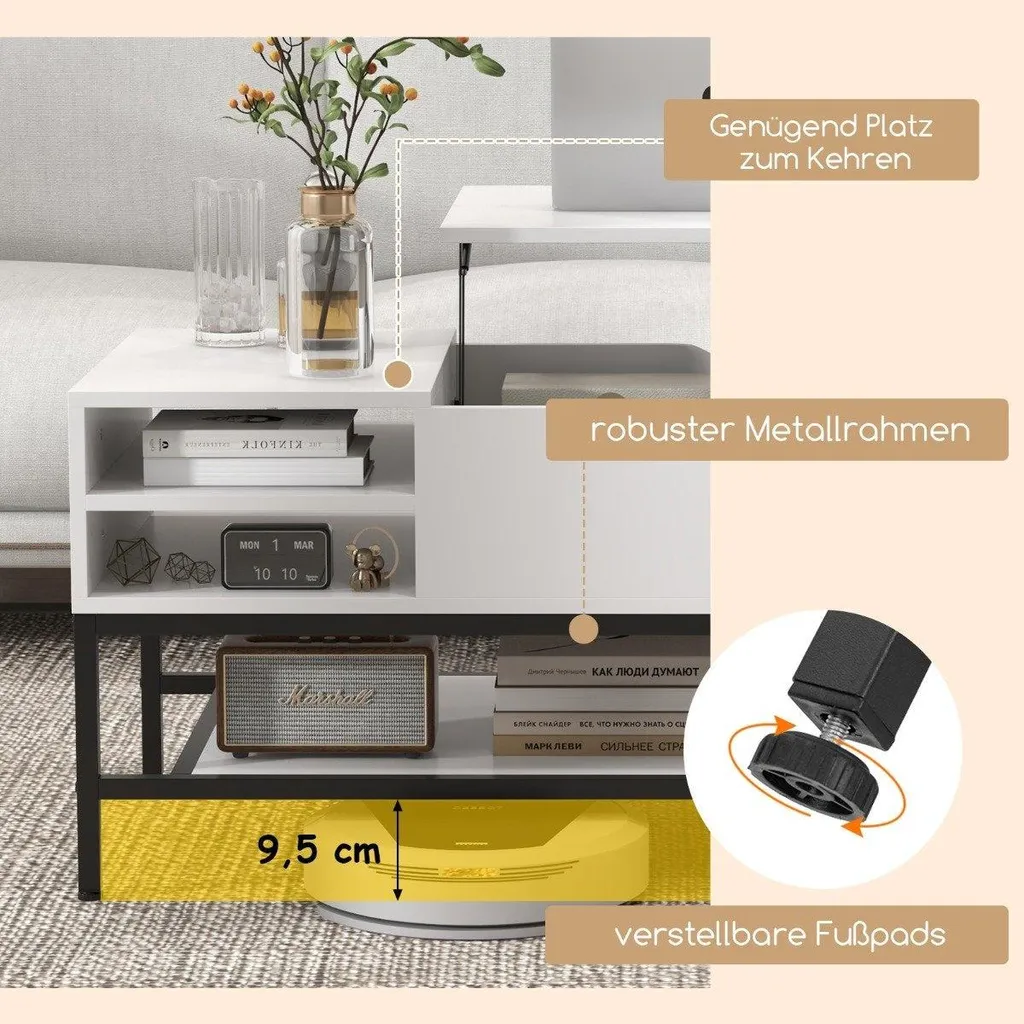 Table basse transformable blanche, meuble de salon avec coffre de stockage