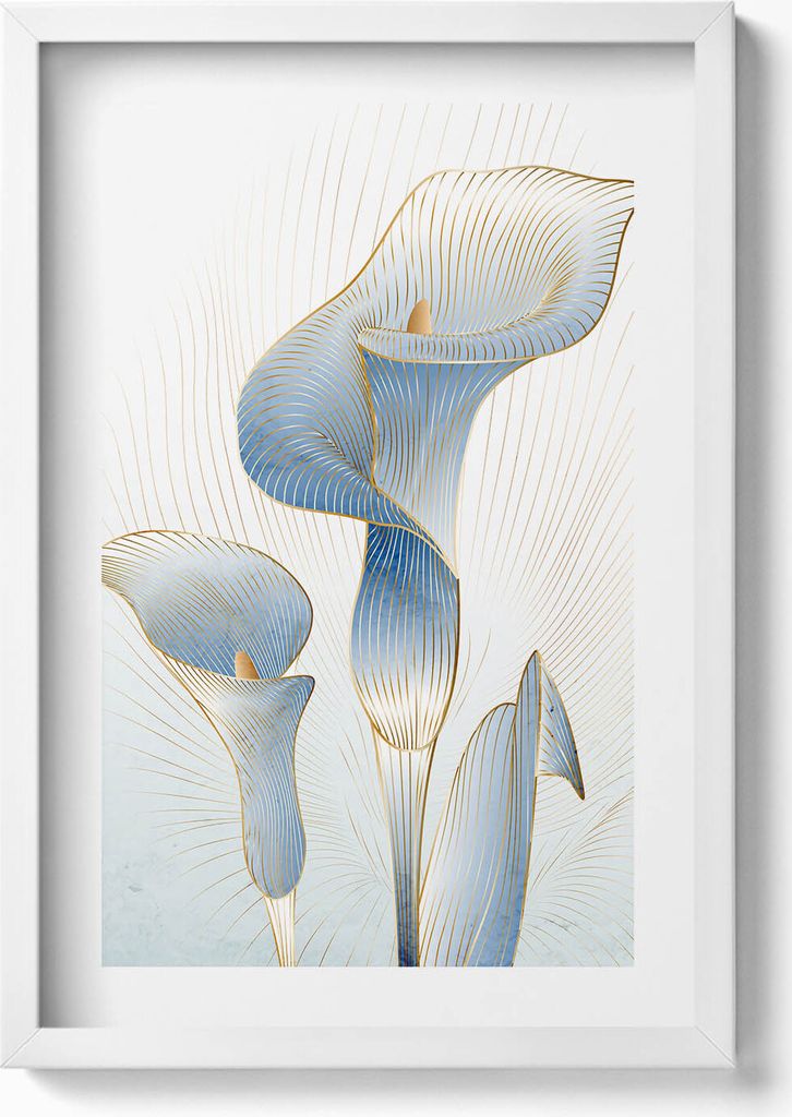 Illustration von Blumen mit Gold– Wandbild mit Rahmen – Gerahmtes Bild – Wanddekoration – 40x60 cm – Weiß