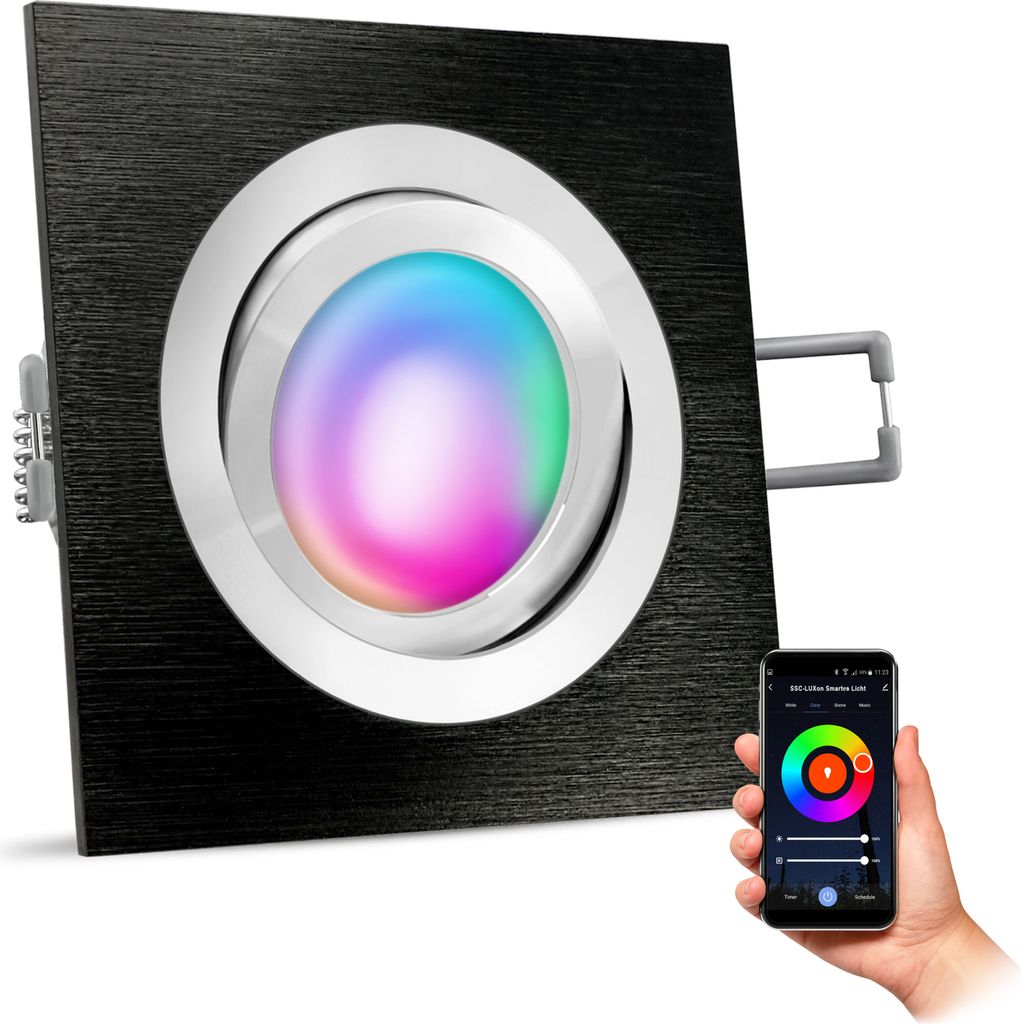 SSC-LUXon QF-2 Design LED RGB Einbauspot schwenkbar schwarz inkl. WLAN Smart GU10 - Einbau Licht kompatibel mit Alexa, Siri & Google