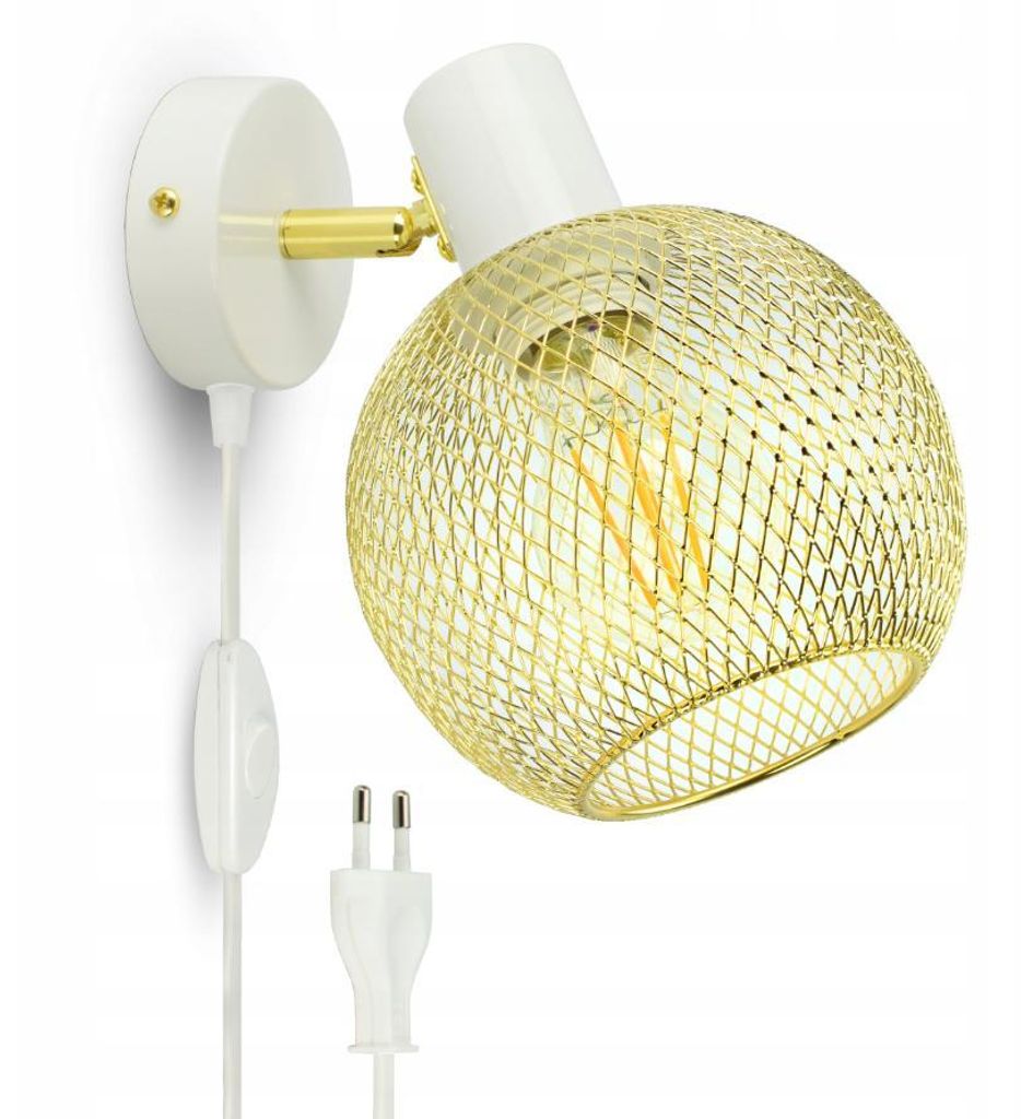 Luxolar Wandlampe Mit Kabel, Stecker und Schalter Gold Weiß E27 60W – Verstellbarer Spot – Gold poliert Metall