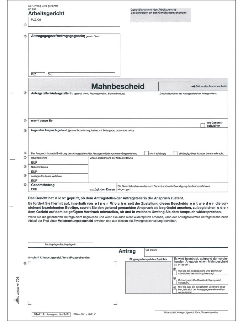 RNK Mahnbescheid Arbeitsgericht SD DIN A4 Produktbild 