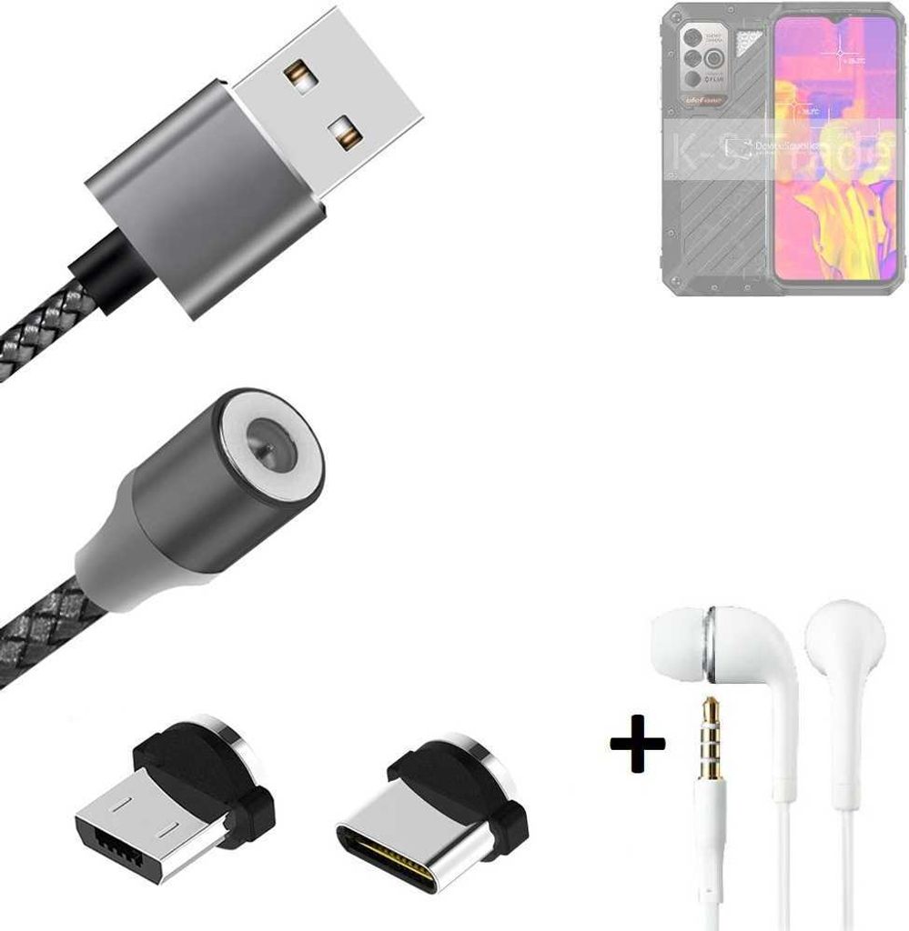 K-S-Trade Hochwertiges Magnet-Lade-kabel Sync-Kabel Daten-Kabel + Kopfhörer kompatibel mit Ulefone Armor 18T mit USB-Typ-C-Anschluss und