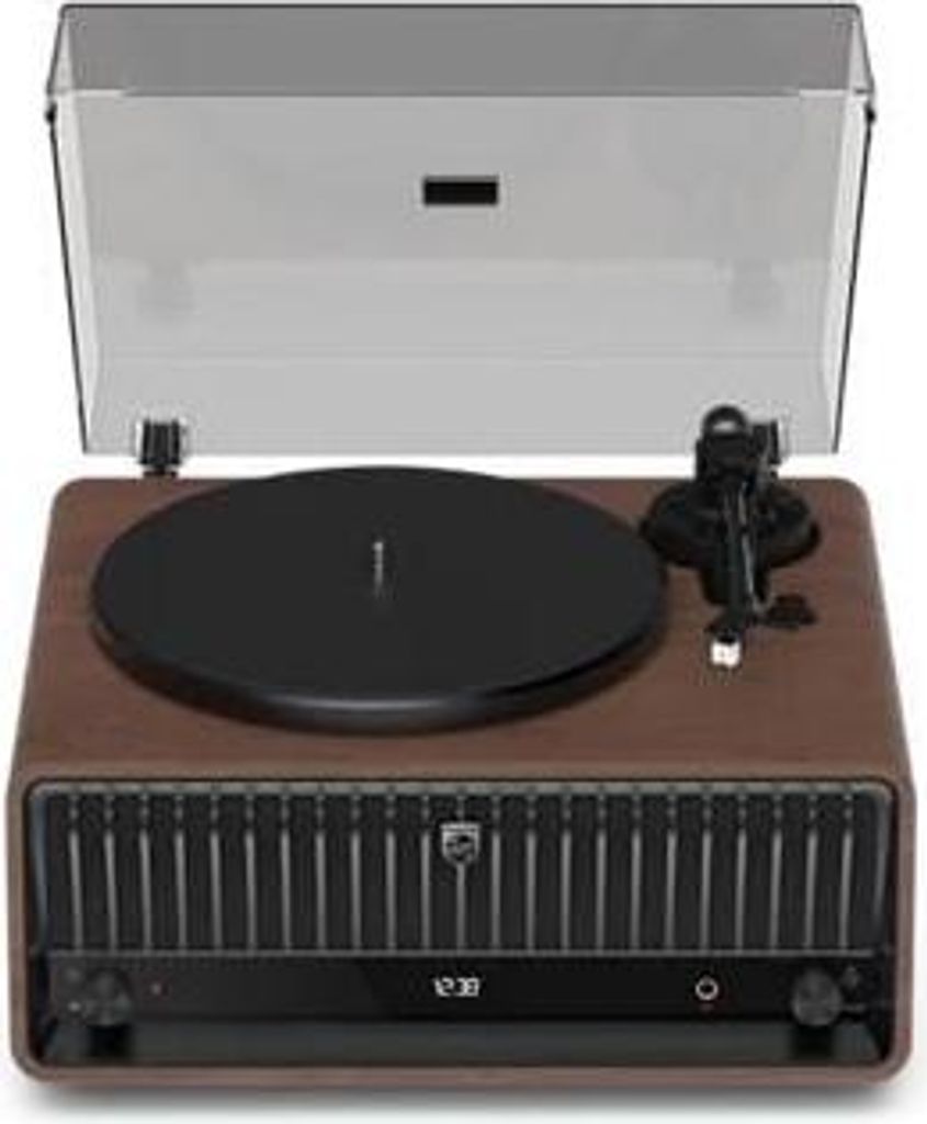 A turntable with a clear lid, placed on a white background.