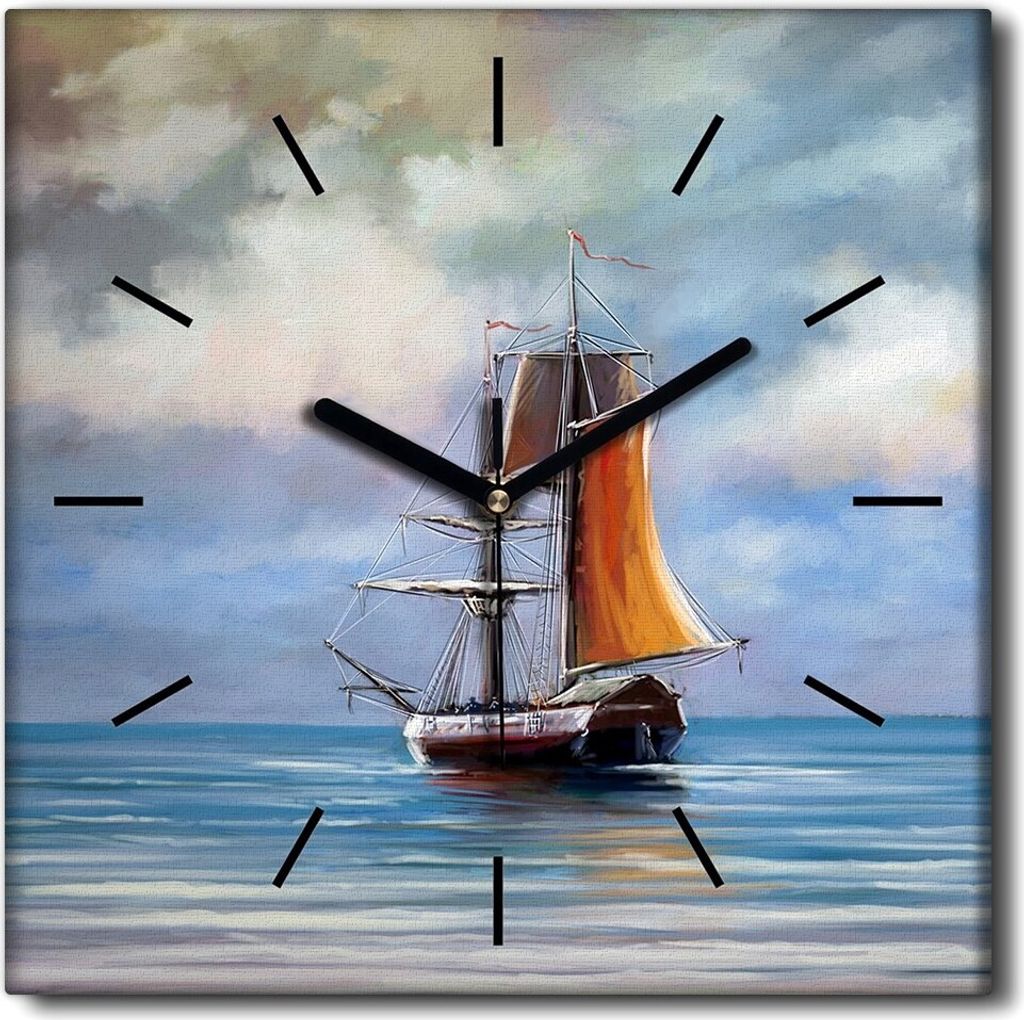 Coloray Uhr auf Leinwand 30x30 cm Wand Uhr Dekoration Wohnzimmer Segeltuch schwarze Hände -Schiff Meerlandschaft.