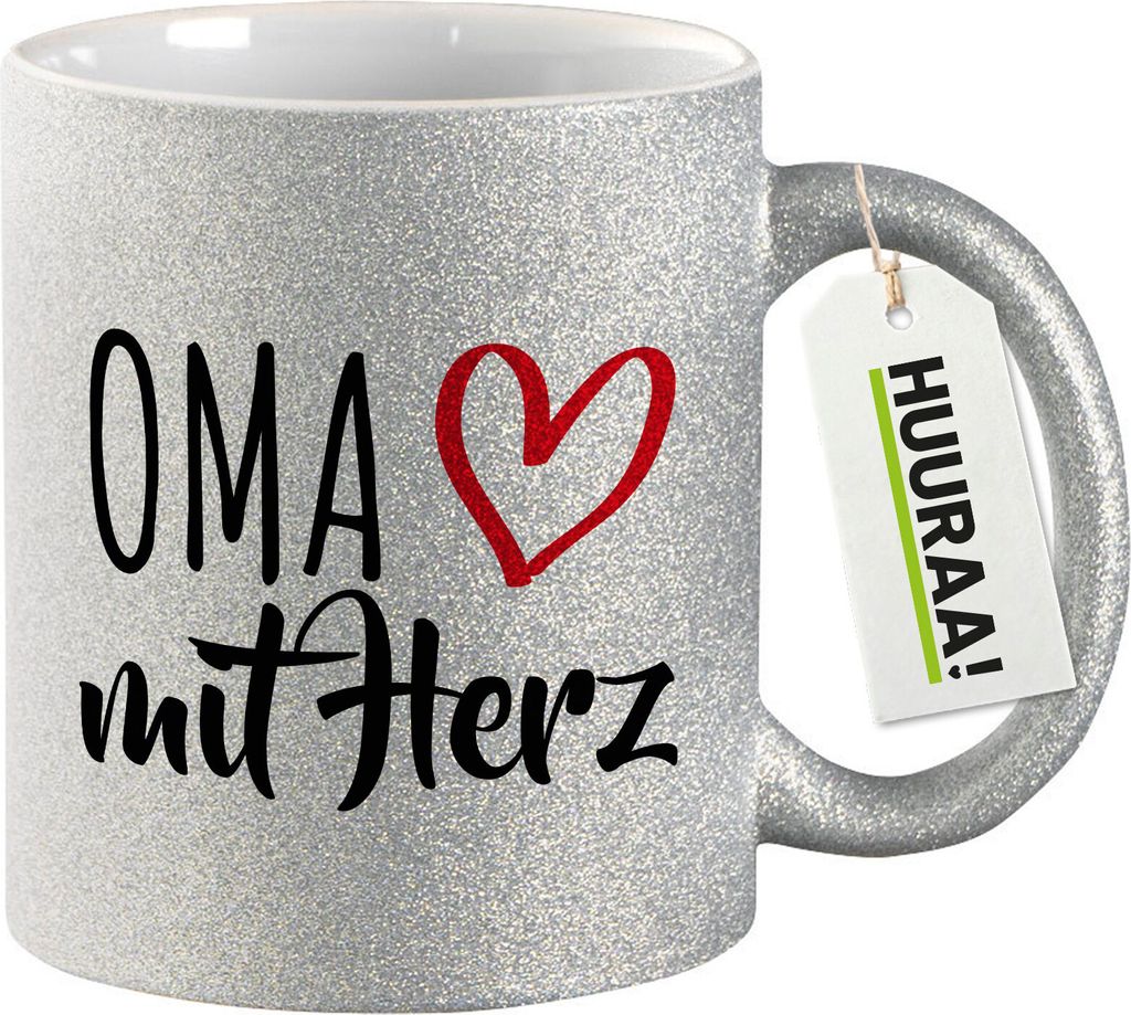 Huuraa Glitzertasse Oma mit Herz 330ml Silber Keramik Kaffeebecher Geschenkidee