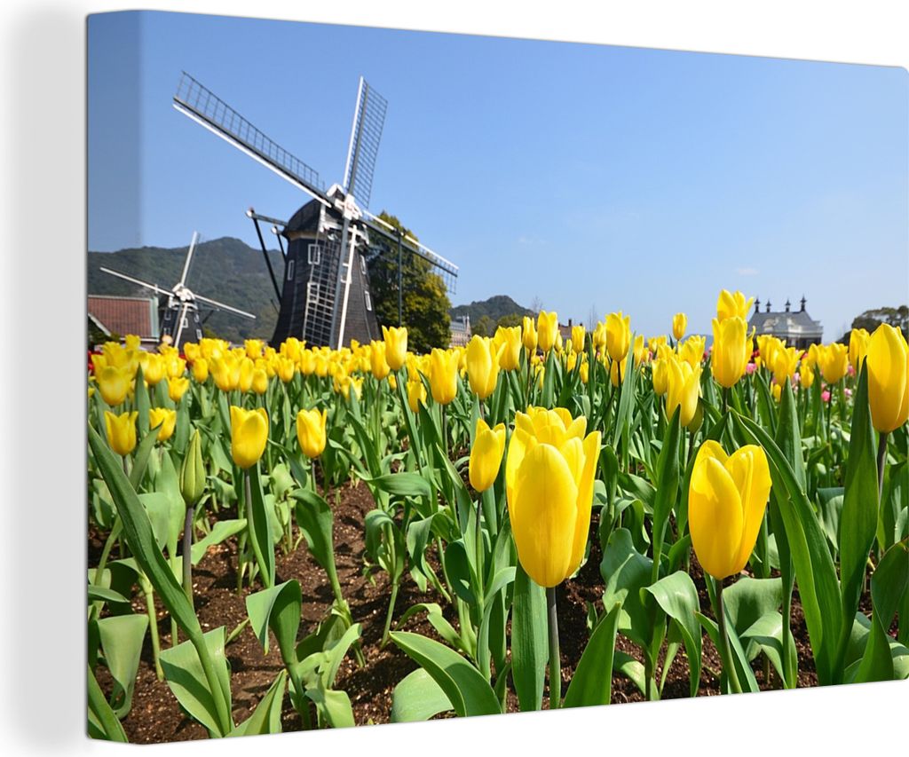 OneMillionCanvasses - Leinwandbilder - 140x90 cm, Japanische Mühle mit gelben Tulpen, Wandbilder Kunstdruck Wanddekoration - Foto auf Leinwand -...