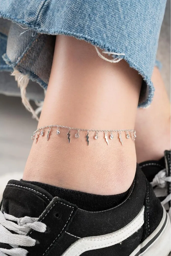 Chaîne de cheville femme en argent 925 pendentif éclair et zircons brillants