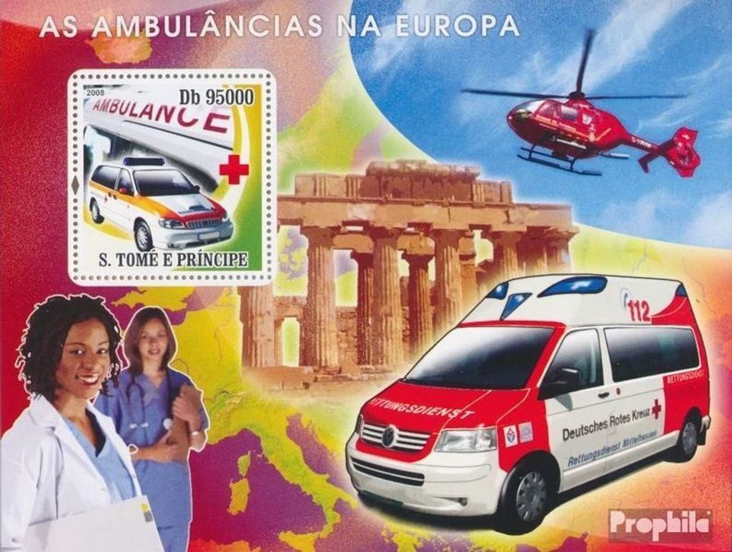 Briefmarken Sao Tome e Principe 2008 Mi Block 633 (kompl. Ausgabe) postfrisch Europäische Krankenwagen, Rotes Kreuz