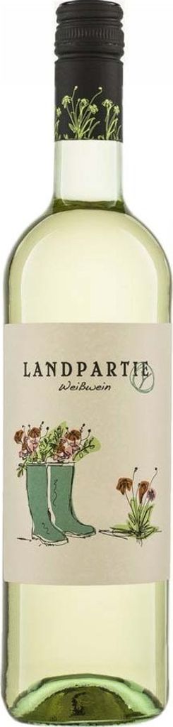 A bottle of white wine with a label featuring a drawing of gardening boots filled with flowers.