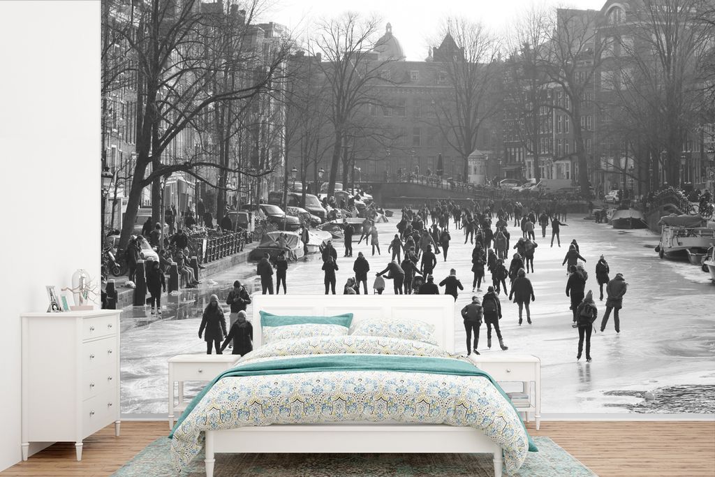 MuchoWow Fototapete für Wohnzimmer oder Schlafzimmer Wandtapete Vinyl Motivtapete Menschen, die auf der Prinsengracht Schlittschuh laufen - Schw...