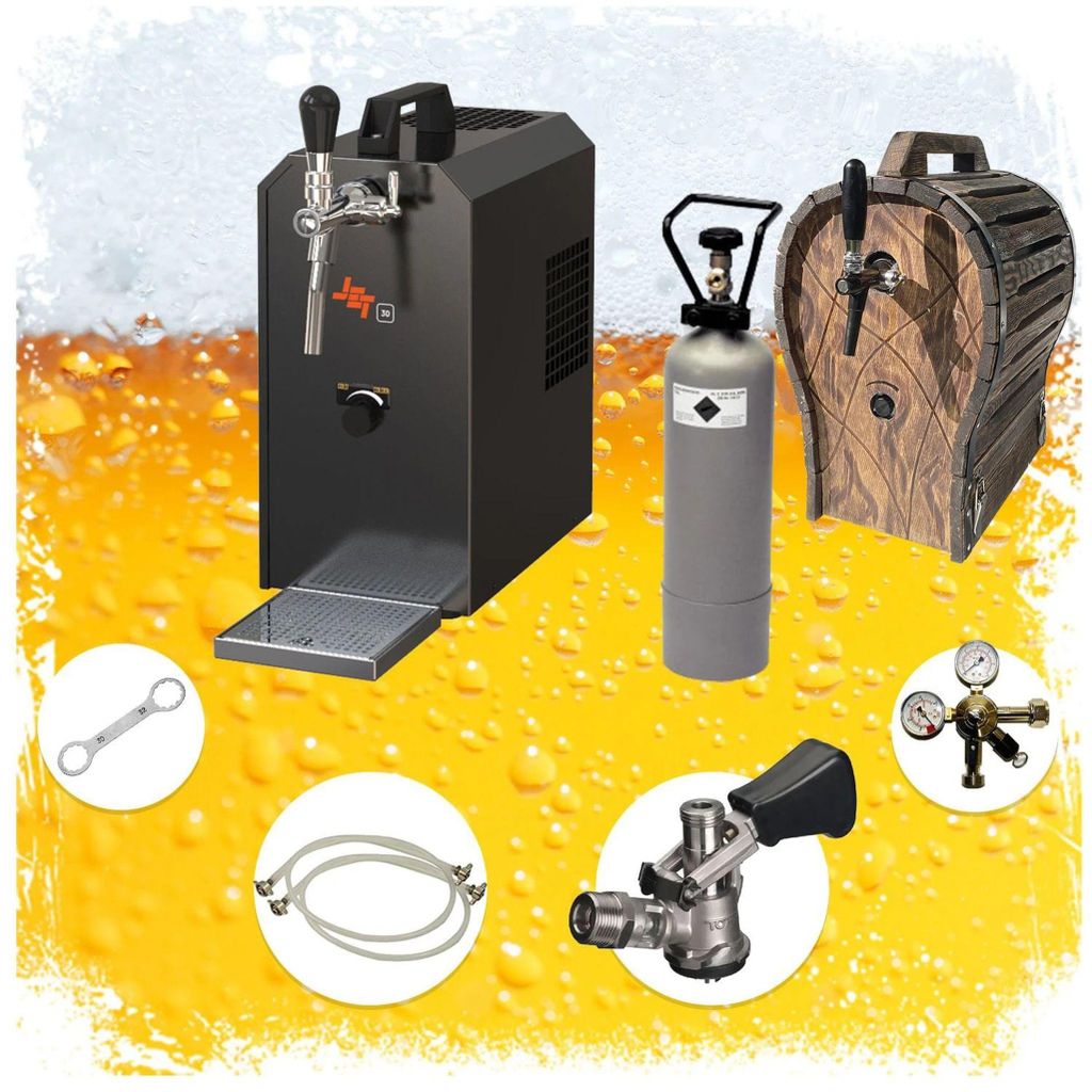Komplett Set - Zapfanlage JET 30 Bierkoffer, Bierzapfanlage, Durchlaufkühler 1-leitig Trockenkühler, bis zu 35 Liter/h mit Holzfass, Zapfkopf: Kombi