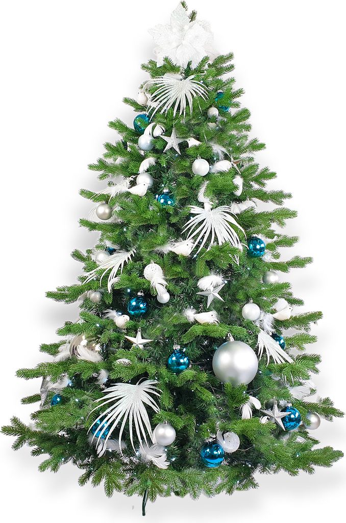 Dekorierter künstlicher Weihnachtsbaum mit 215 Ornamenten POLAR BLUE II 500 cm Baum mit Ständer und Weihnachtsschmuck