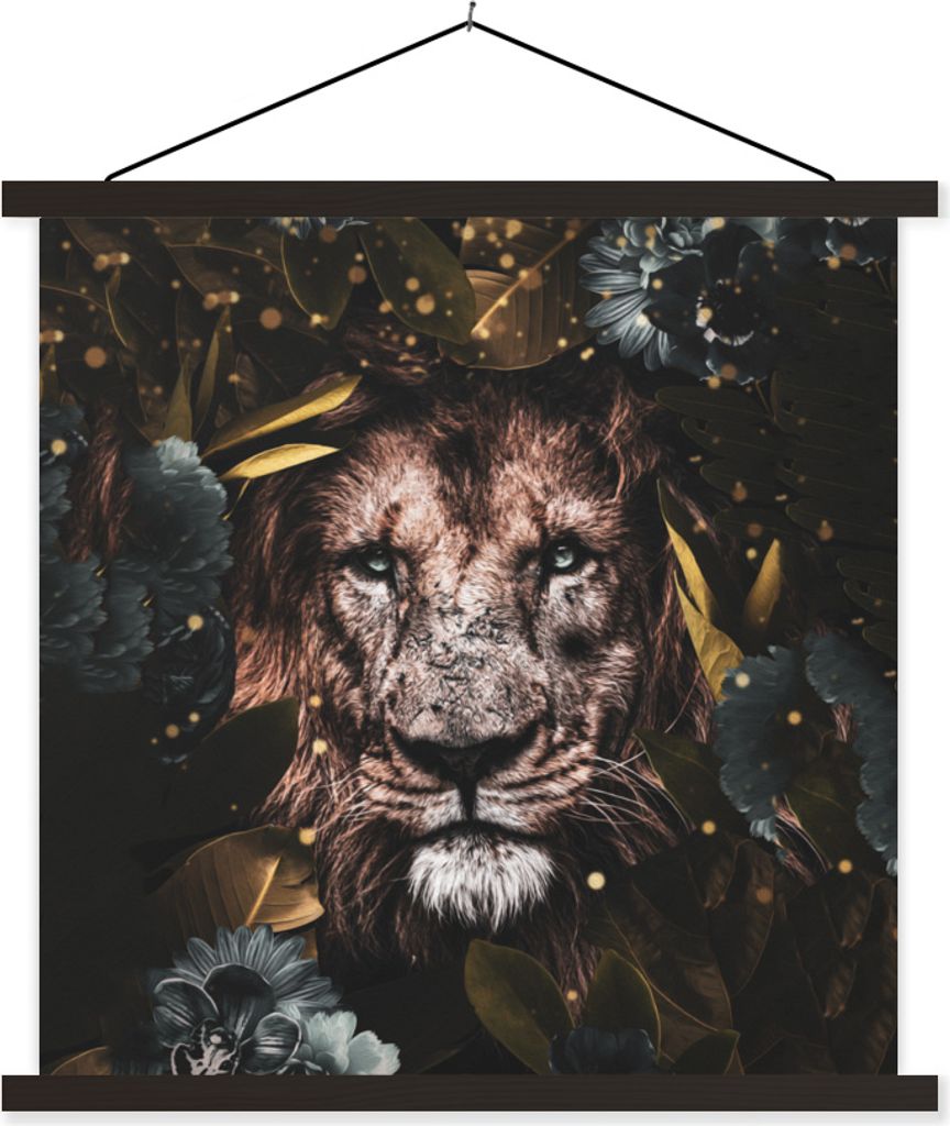 MuchoWow Textilposter Löwe - Wilde Tiere - Blumen - Licht 40x40 cm mit schwarzem Rahmen - Fotos