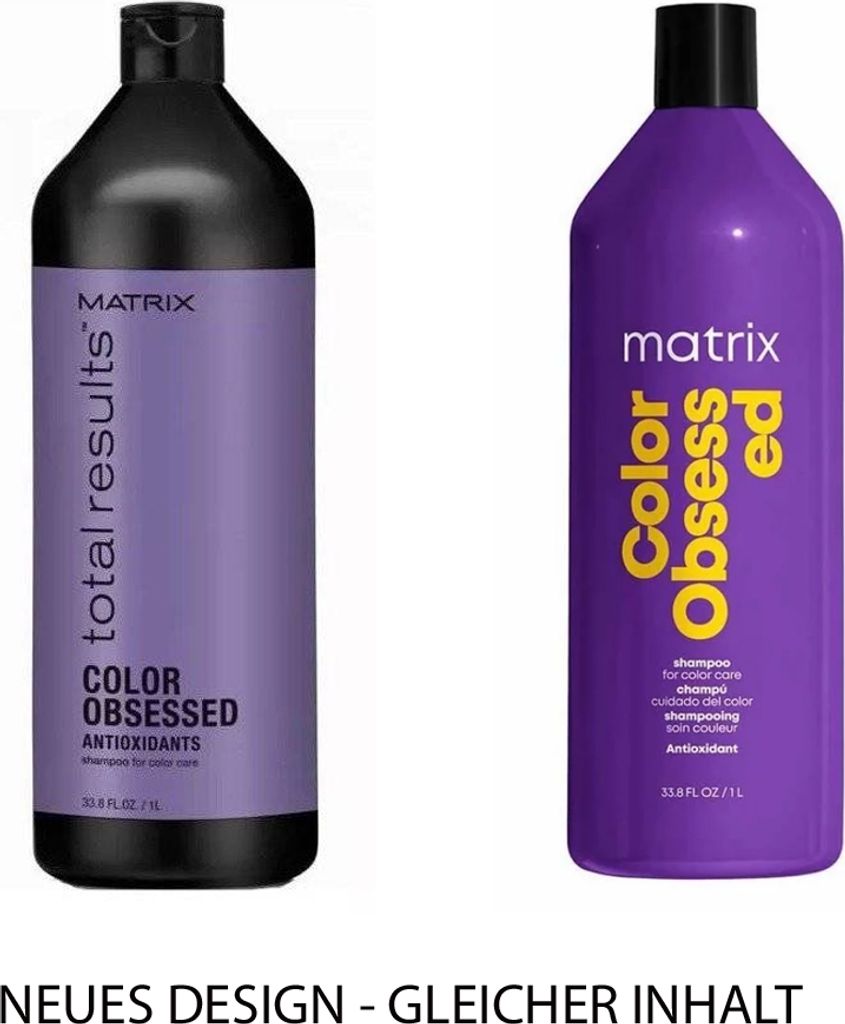 Two bottles of Matrix Total Results Color Obsessed shampoo are shown side-by-side against a white background.