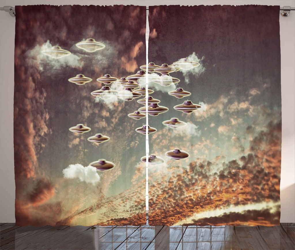 ABAKUHAUS Weltraum Rustikaler Vorhang, UFOs in bewölktem Himmel, Wohnzimmer Universalband Gardinen mit Schlaufen und Haken, 280 x 175 cm, Mehrfarbig